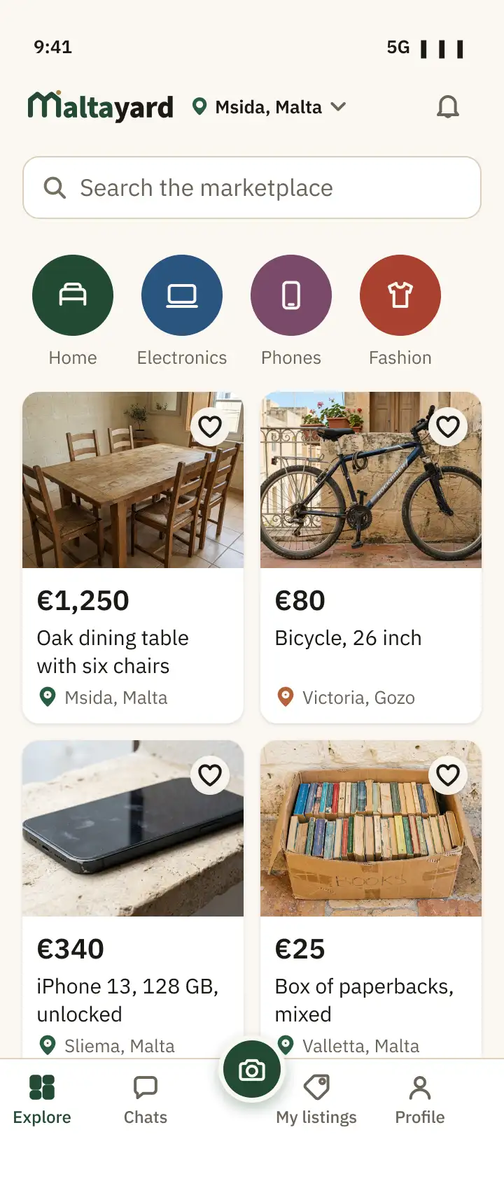 Maltayard's Explore screen: Msida as your locality, a search bar and the categories Home, Electronics, Phones and Fashion